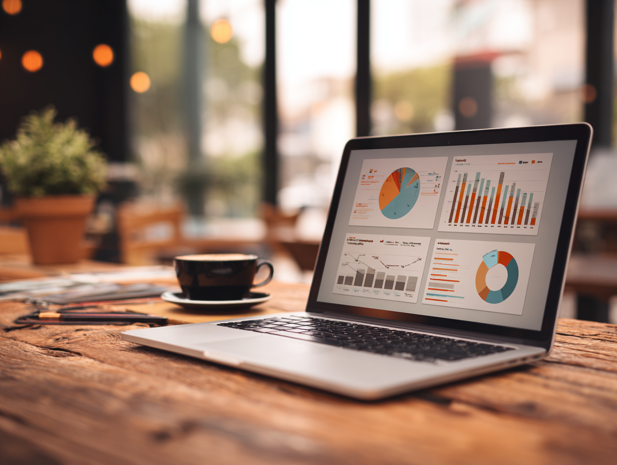 Laptop showing marketing and sales starts in startup environment